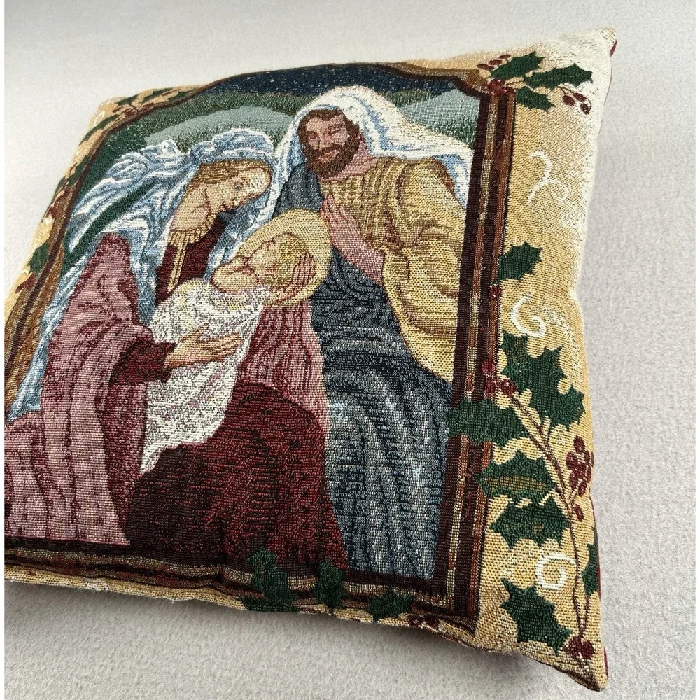 VTG Christmas Tapestry Pillow Nativity Scene Mary Joseph Jesus Large 15